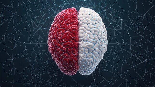 Hemorrhagic stroke simulation with contrasting healthy and affected brain areas, hemorrhage, medical research
