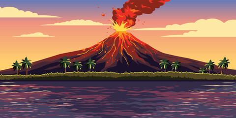 Sunset Erupting Volcano Vector Landscape Illustration