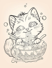 Cat cup bowl noodle decoration illustion coloring style vector