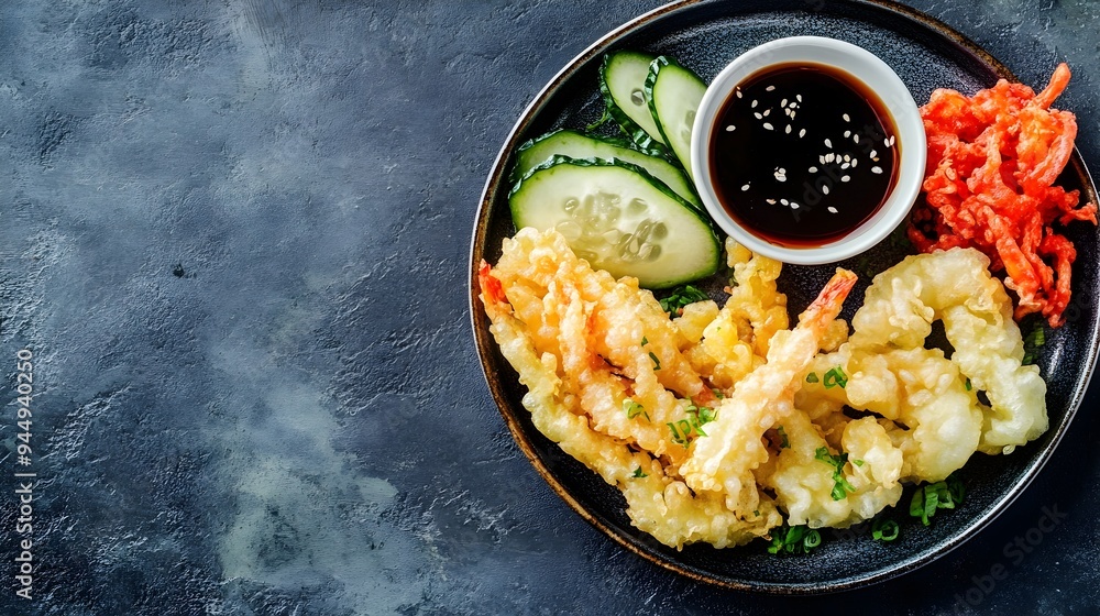 Poster tempura fried vegetables served on plate with soy based dipping sauce placed on elegant dining table