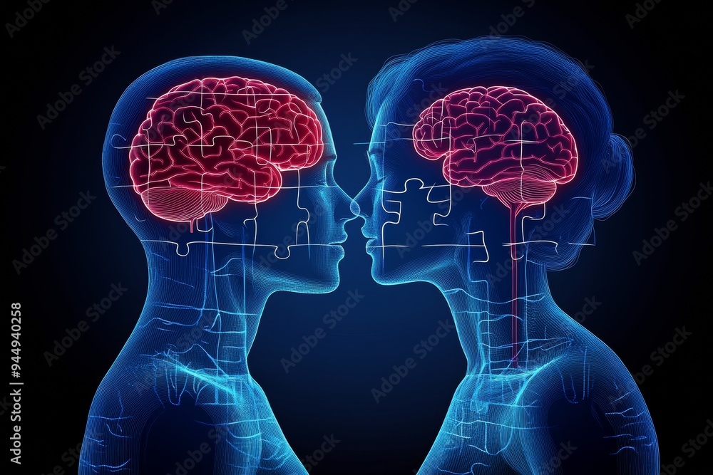 Aufkleber futuristic portrayal of two people with glowing brains in conversation symbolizing advanced neural c