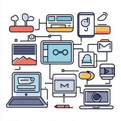 240805 223. A simple vector icon illustration depicting the group of modern connectivity devices at center for a website isolated white background with smartphones and messaging icons