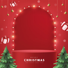 Merry Christmas banner with red product display Retro light bulbs sign background and festive decoration for christmas