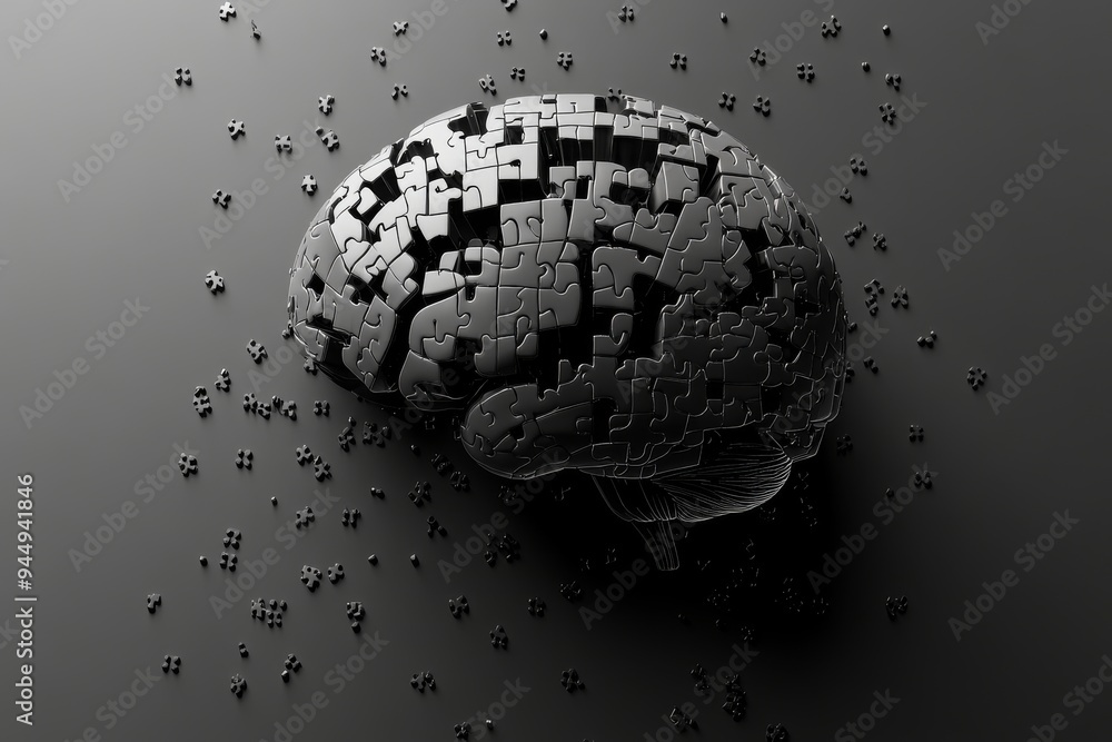 Poster disintegrating brain in a digital world illustrating the transient nature of thoughts and digital ex