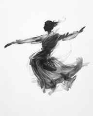Fototapeta premium A dynamic abstract figure dancing in monochrome, capturing motion and grace with a flowing brushstroke effect against a white background.