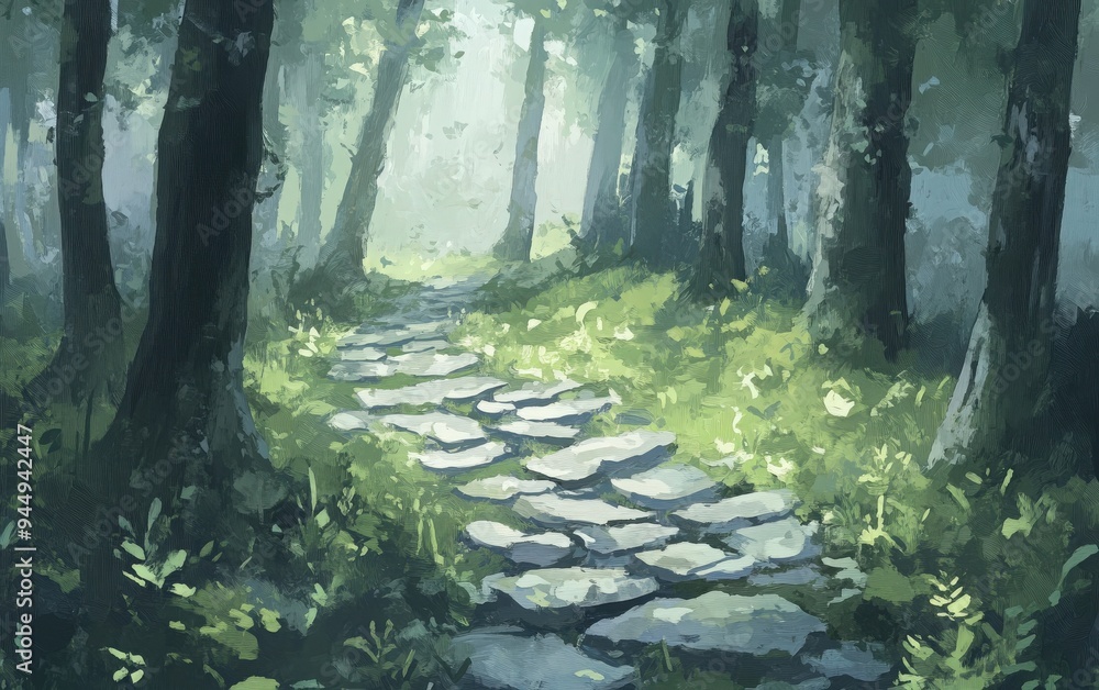 Poster a serene forest path with dappled sunlight filtering through trees, creating a magical and peaceful 