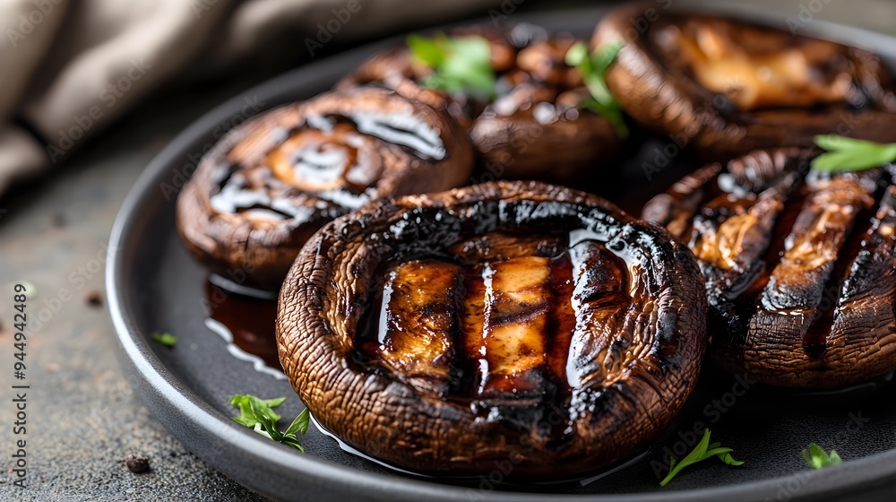 Poster close up of a plate of grilled portobello mushrooms drizzled with a balsamic glaze served on a rusti