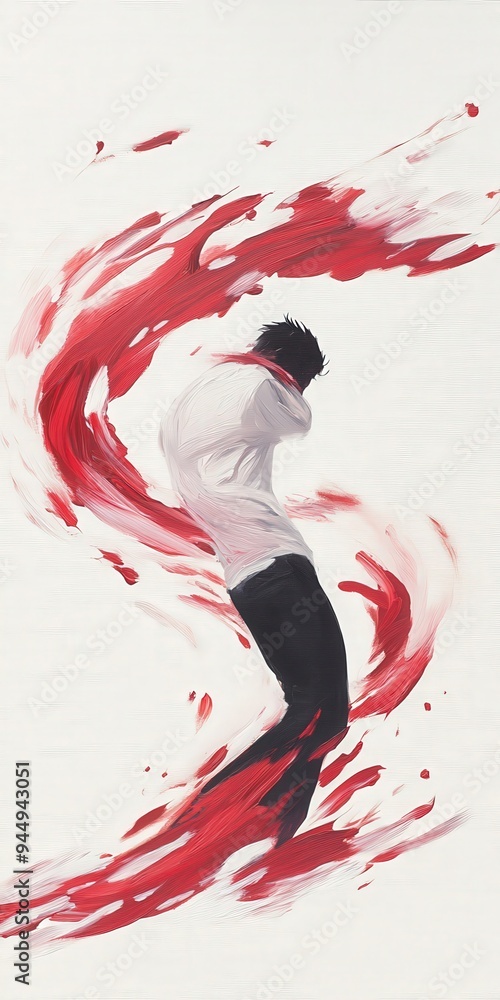 Poster abstract art of a person surrounded by dynamic red strokes, expressing motion and emotion. modern an