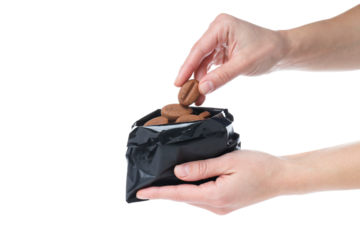 PNG, Black bag with cookies and coffee beans, isolated on white background