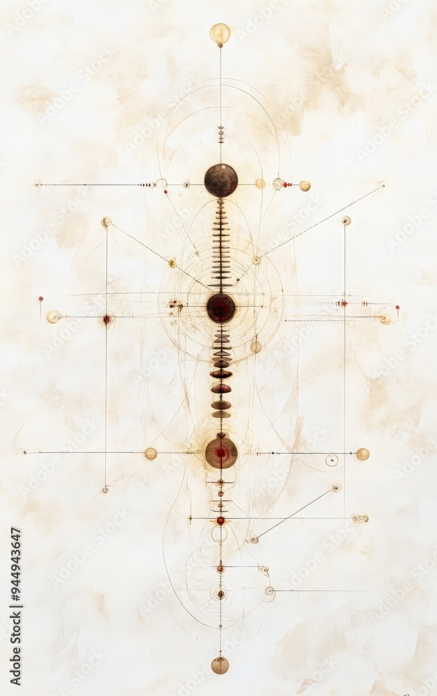Poster abstract geometric art with circles, lines, and dots in a vertical arrangement on a light background