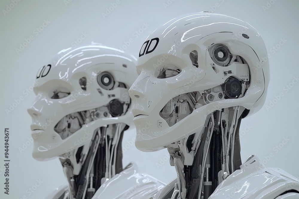 Aufkleber futuristic robotic heads in discussion representing advanced ai communication and technological dial