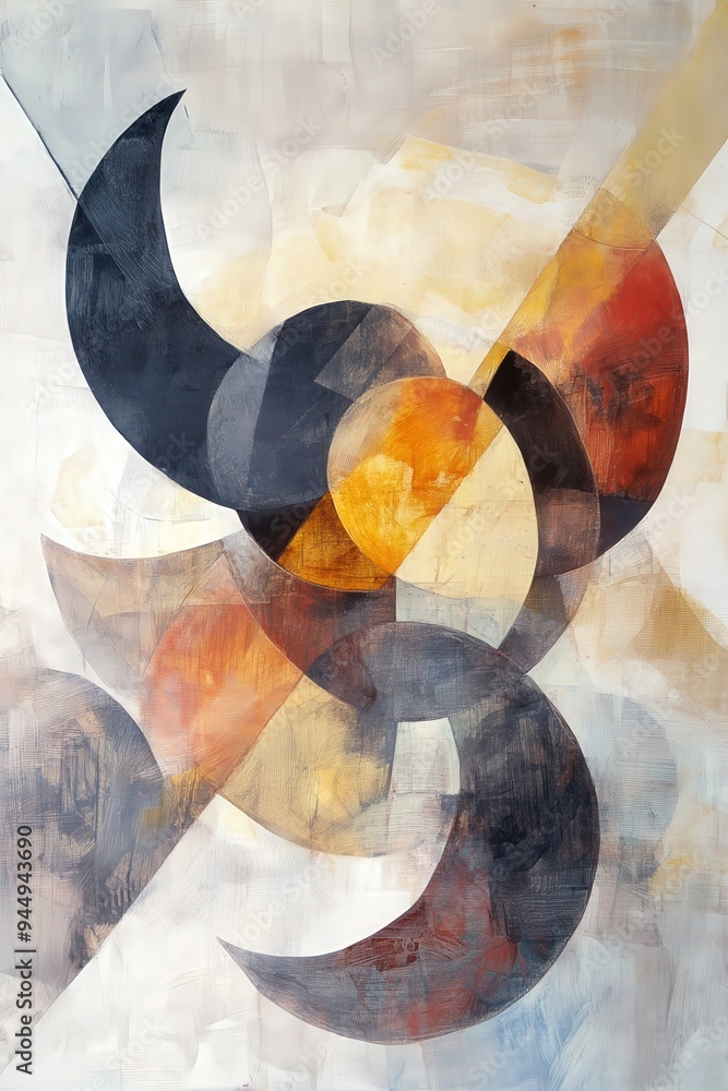 Poster abstract geometric art with overlapping shapes and vibrant colors in a dynamic, modern composition.