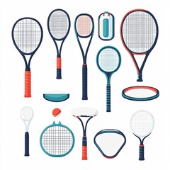 240805 235. A simple vector icon illustration depicting the group of professional tennis accessories at center for a website isolated white background with high-tech rackets and training aids