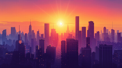 Fototapeta premium Vibrant city skyline at sunset with colorful skyscrapers and glowing lights