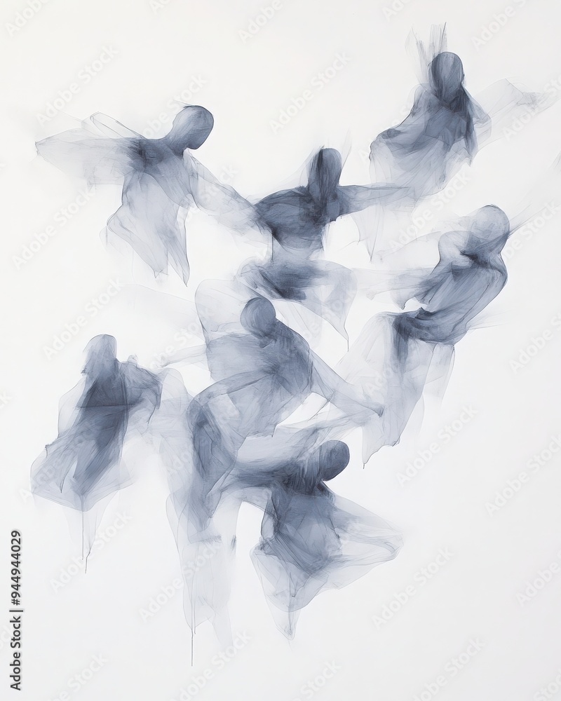 Poster abstract smoke-like blue figures floating on a white background, creating a mysterious and ethereal 