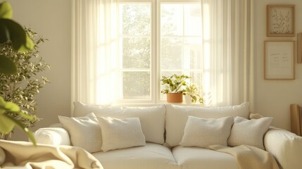 Fototapeta premium Bright living room featuring a sofa with Scandinavian interior design elements 3D rendering