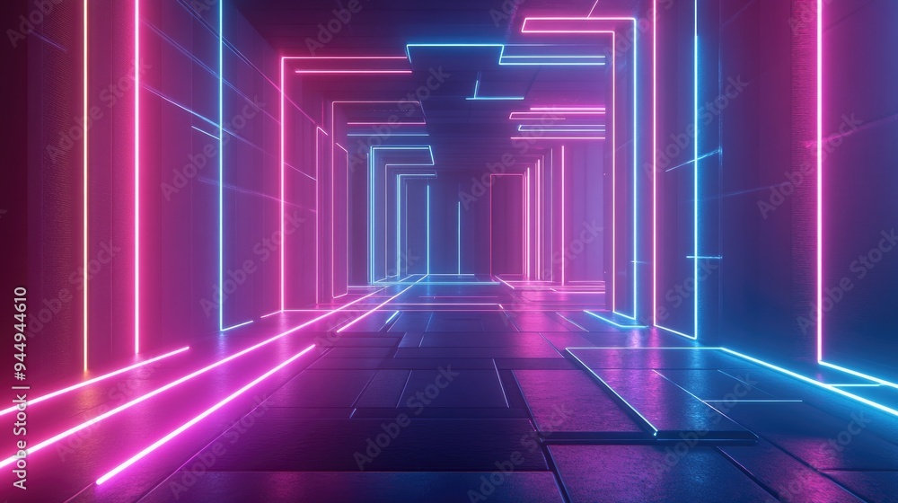 Poster 3d rendering of an abstract minimalist background featuring vibrant glowing neon lines and geometric