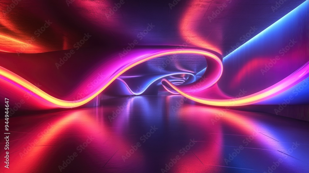 Poster 3d rendering of an abstract panoramic scene featuring twisted dynamic neon lines illuminating a dark