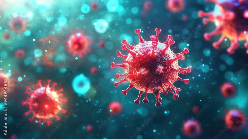 Poster 3d rendering of virus cells featuring an abstract representation of germs related to the coronavirus