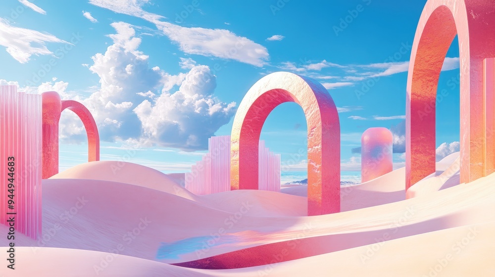 Poster 3d surreal pastel landscape featuring geometric shapes and abstract desert dunes panoramic view with