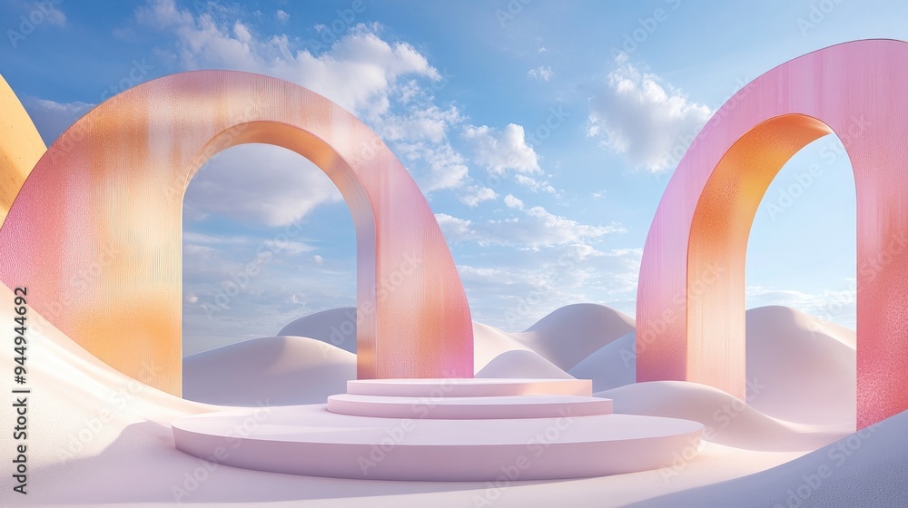 Poster 3d rendering of an abstract surreal pastel landscape featuring arches and a podium for product displ