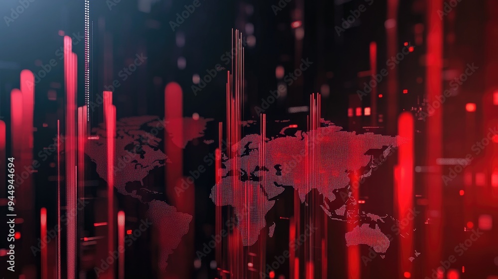 Poster 3d rendering of elegant columns representing graph data integrating a world map into an analytical t