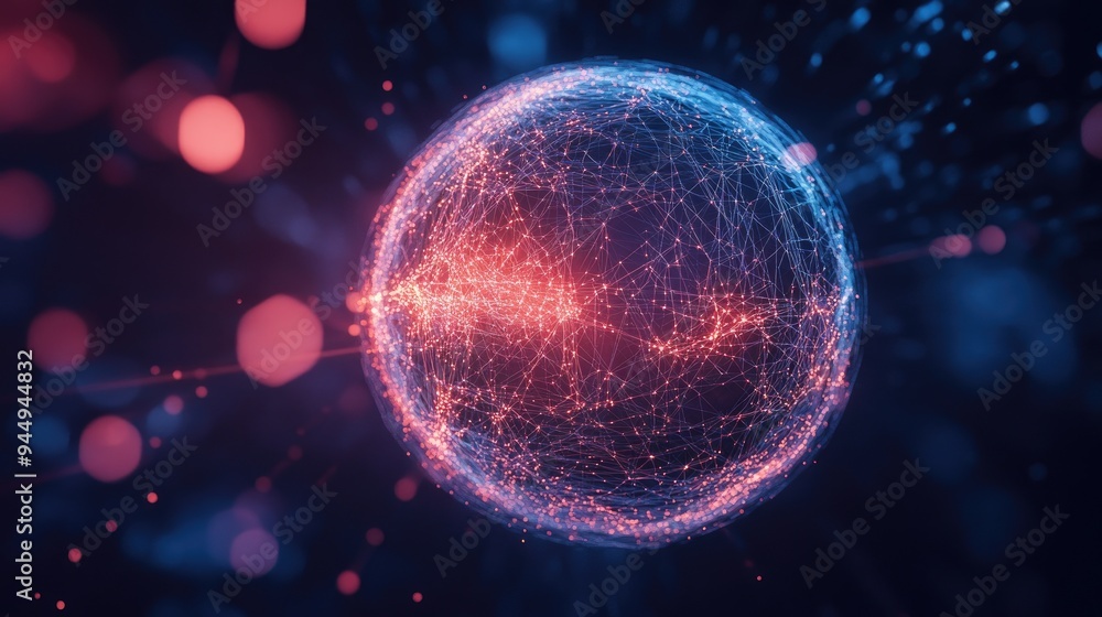 Poster abstract sci fi sphere with particles representing a technology network connection futuristic illust