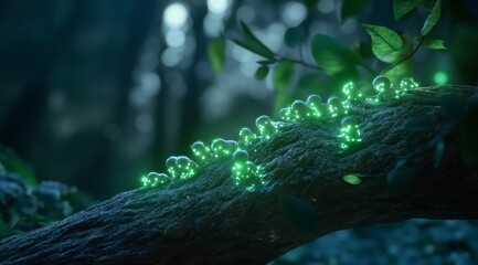 Fototapeta premium A fantasy image showcasing tiny glowing creatures on a tree branch in a mystical forest, evoking feelings of curiosity and enchantment.