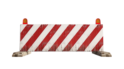 An old metal roadblock with a striped red and white pattern isolated on transparent background