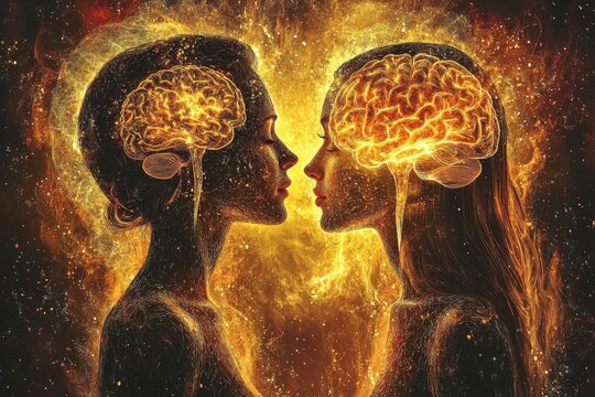 Golden brains facing each other with sparks symbolizing brilliant ideas and intellectual sparks in discussion