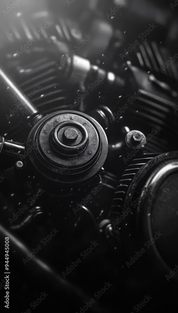 Poster close-up black and white image of a mechanical engine part with detailed gears and intricate design,