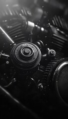 Close-up black and white image of a mechanical engine part with detailed gears and intricate design, showcasing engineering and industrial aesthetics.