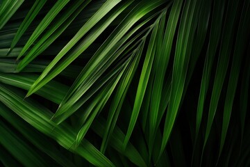 Close-up of lush green palm leaves, creating a vibrant and dynamic natural background.