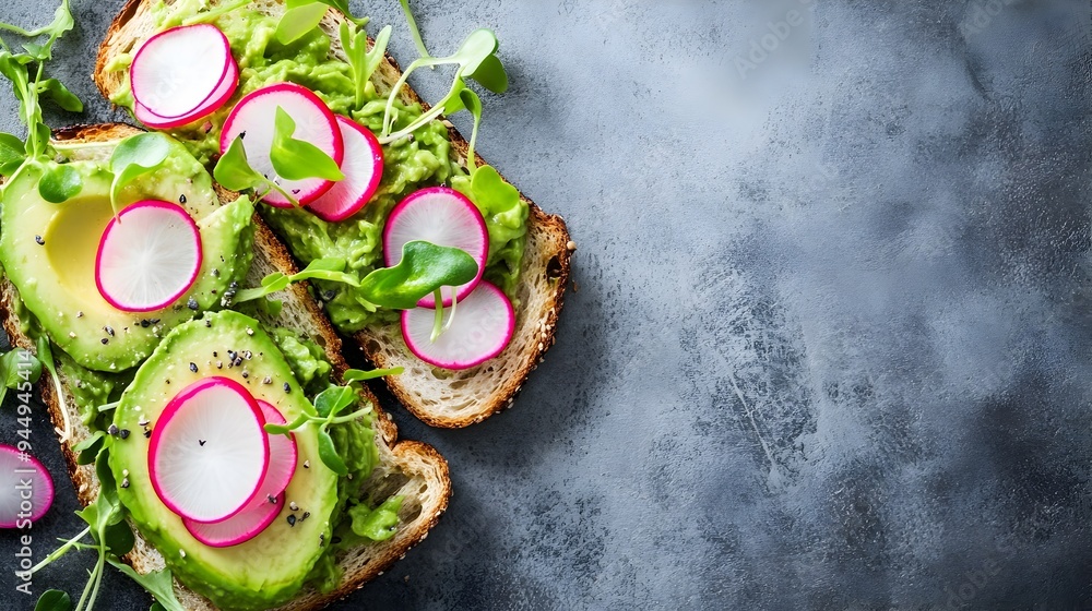 Poster freshly prepared avocado toast topped with sliced radishes and vibrant microgreens creating a nutrit