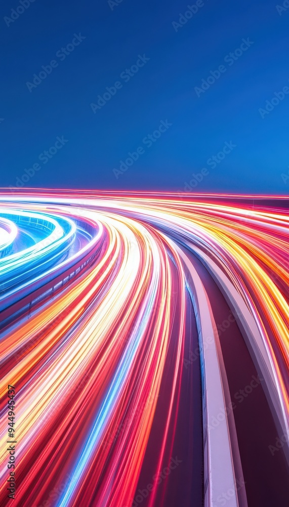 Poster colorful light trails creating dynamic curves against a deep blue sky. perfect for technology and sp