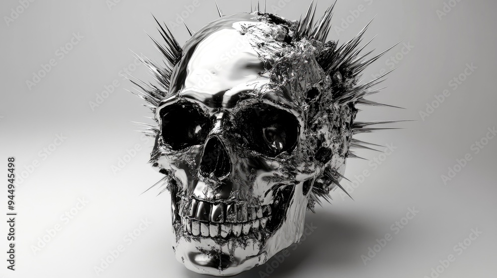 Poster abstract 3d rendering of a metallic skull with explosive spike rays depicted in striking black and w