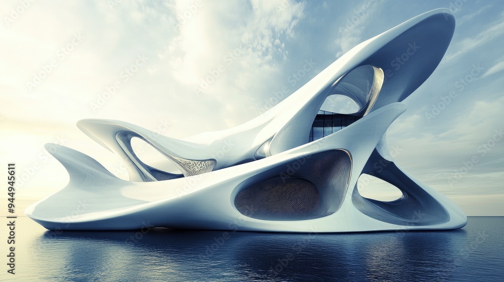 Poster abstract architectural design featuring innovative structure with unique shapes and forms against a 