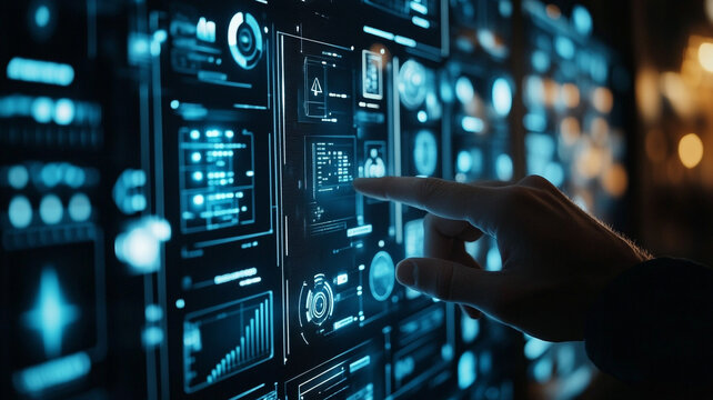 A person interacts with a digital display showcasing complex data analytics in a modern technology environment at night