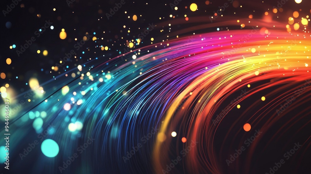 Poster abstract background of oscillating fibers with colorful lines and lights highlighting themes of tech