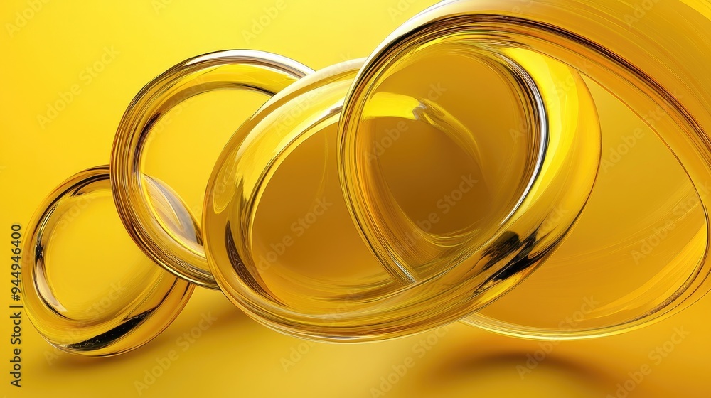 Poster abstract circular glass shapes and curves set against a yellow background rendered in 3d digital ill