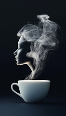 A white coffee cup with steam rising in interesting patterns against a black background, creating a sense of peace and quiet introspection.
