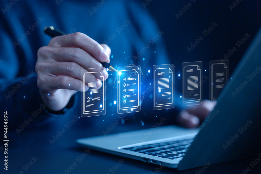 Aufkleber manages document data on a laptop. the concept of document files is digital electronic, business pap