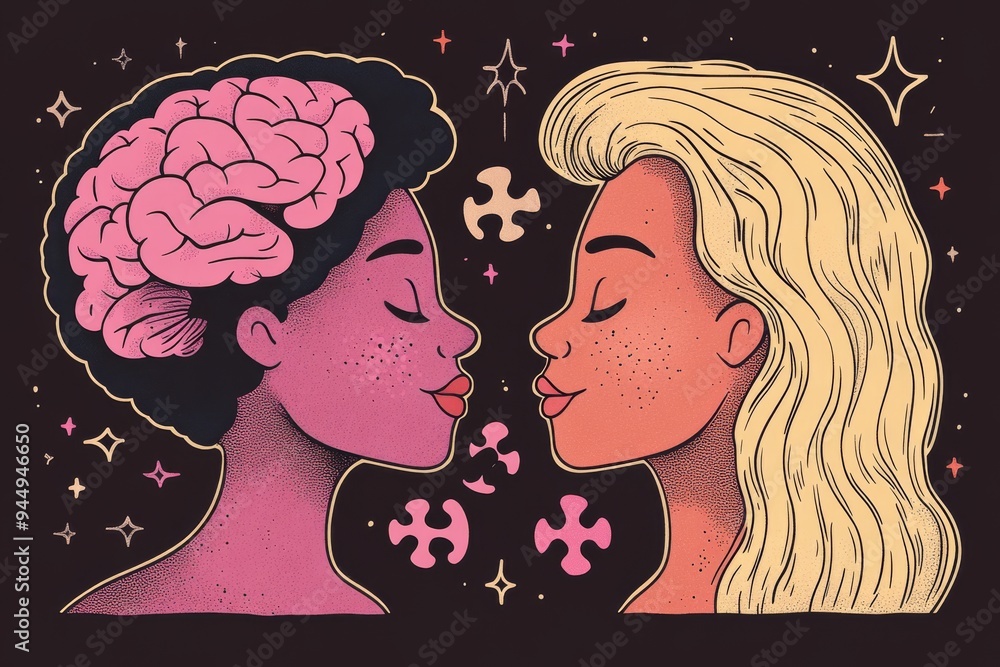 Poster pop art style lovers with puzzle brains representing the quirky and creative connection in relations