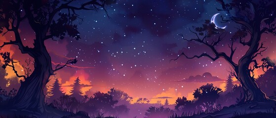 Silhouetted Trees Under a Night Sky with a Crescent Moon