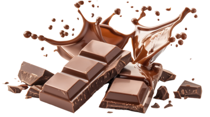 Chocolate bar and pieces with melting chocolate splash isolated on transparent background
