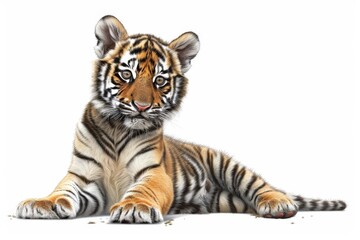 Obraz premium A baby Northeast Tiger in a cartoon and Chinese ink painting style sits on a white background, smiling with its paws raised.
