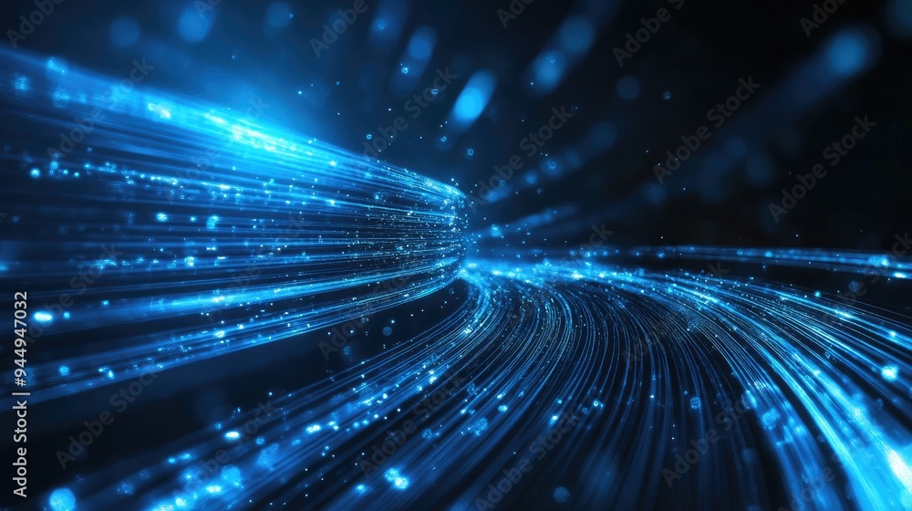 Poster abstract technology design featuring blue light lines in motion creating a luminous effect against a