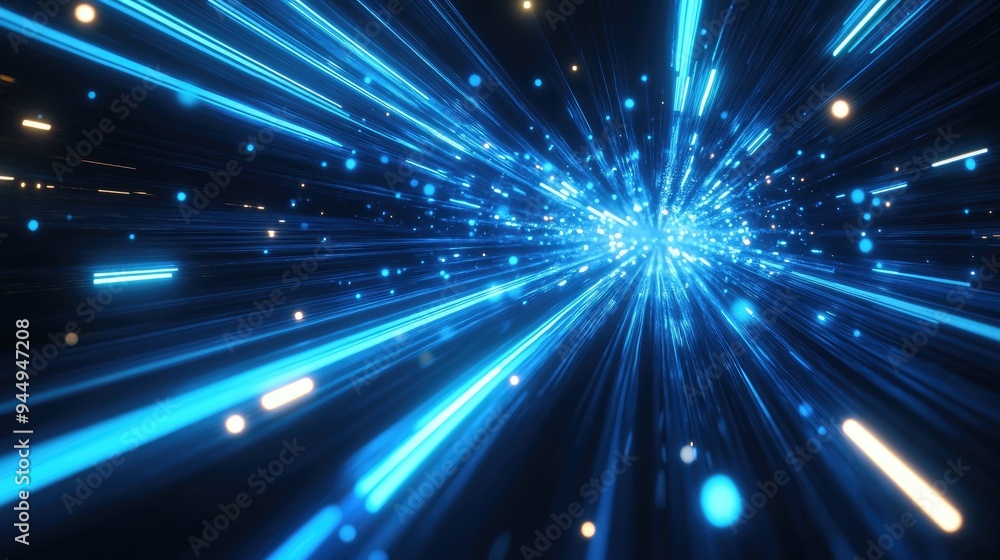 Poster abstract technology design featuring blue light lines in motion creating a luminous effect against a
