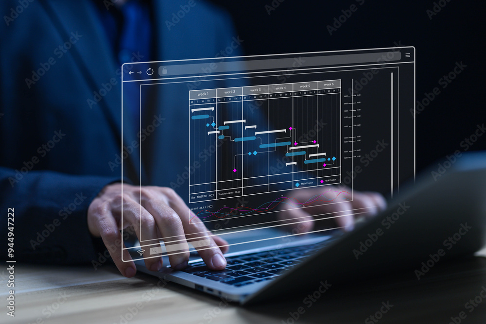 Fototapete project planner in software. schedule plan management work update and workflow. concept updating and managing milestones on a timeline Gantt chart in technology online. appointment staff of business