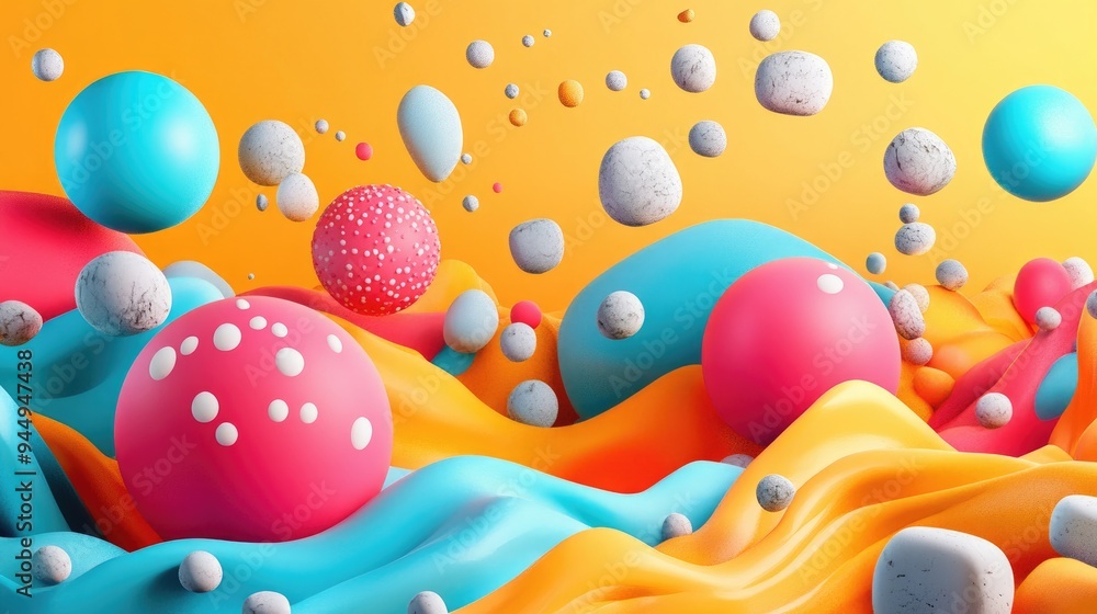 Poster colorful composition of inflated 3d shapes with stones featuring a unique rendering illustration